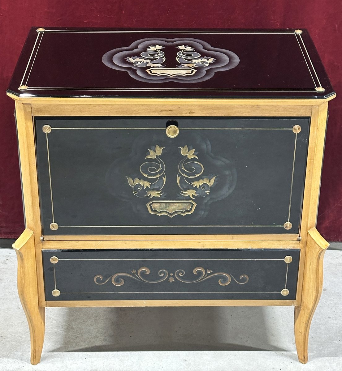 Art Deco-style Bar Cabinet In Engraved Black Glass, France, 1950s