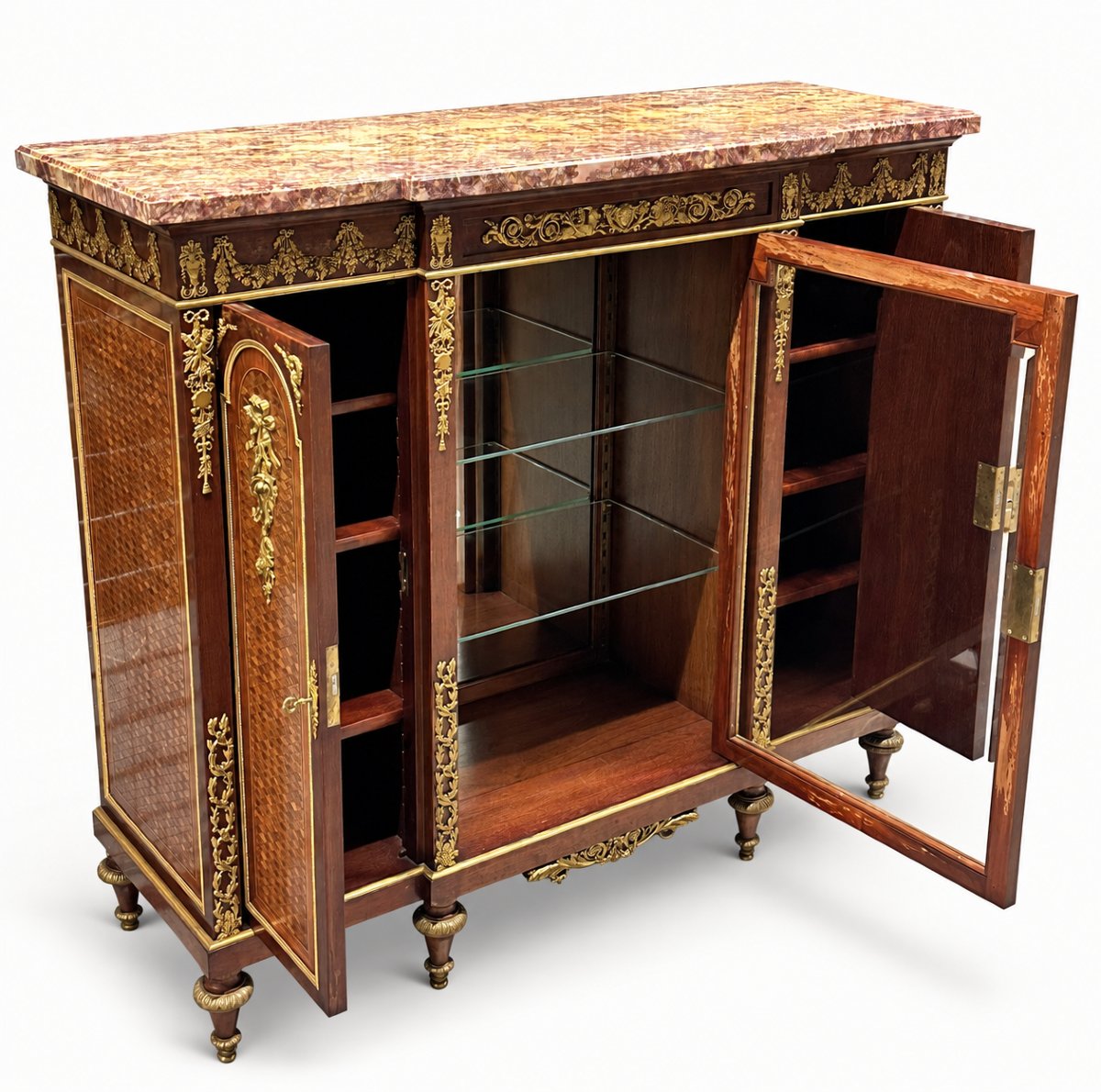 Vitrine de Style Louis XVI att. F. Linke et Marqueterie, Bronzes Dorés, XIXe-photo-3