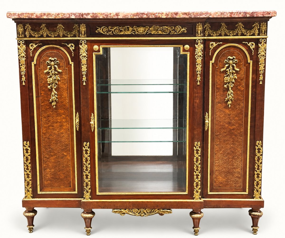 Vitrine de Style Louis XVI att. F. Linke et Marqueterie, Bronzes Dorés, XIXe