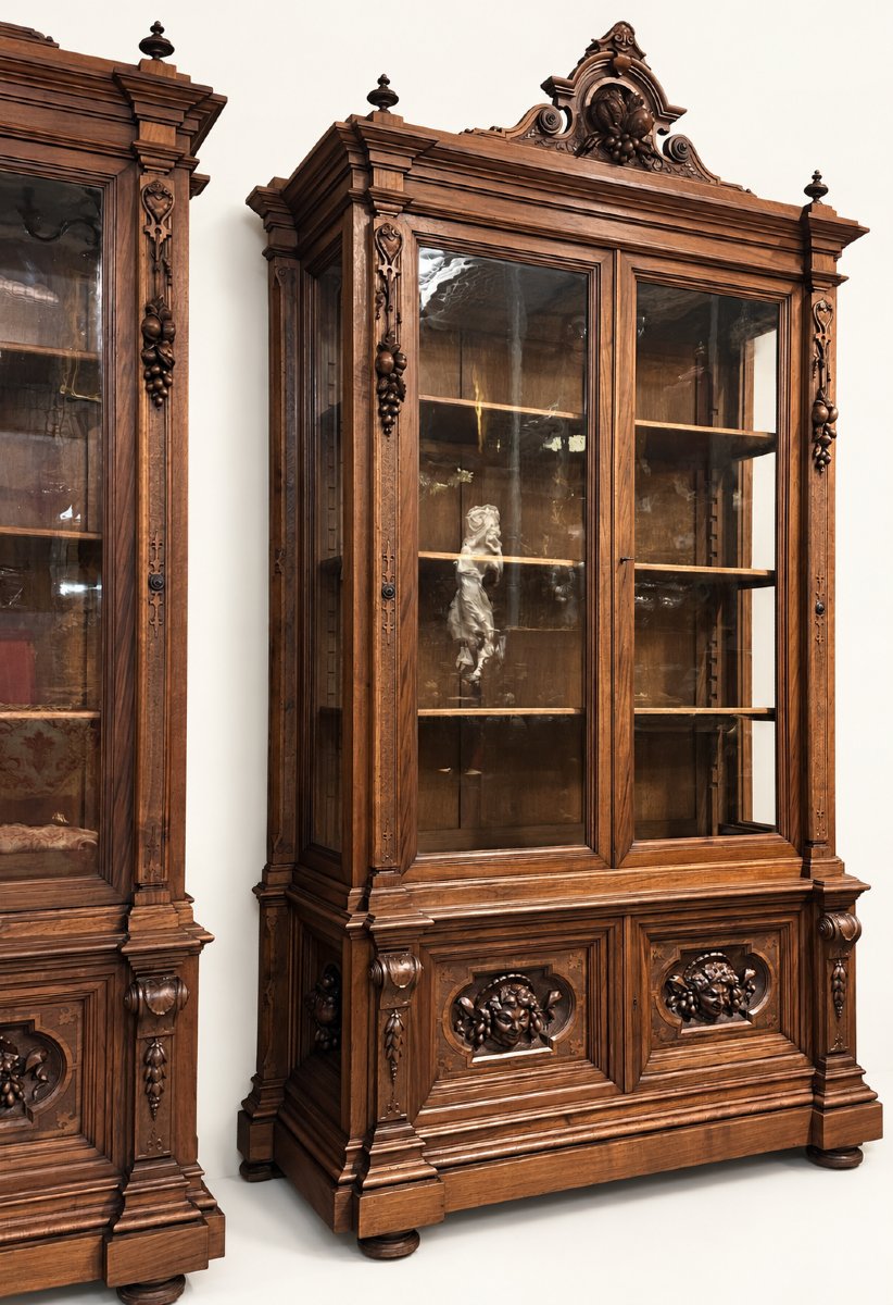 Paire de Grandes  Bibliothèques Néo-Renaissance en Noyer Massif, fin XIXe siècle-photo-5