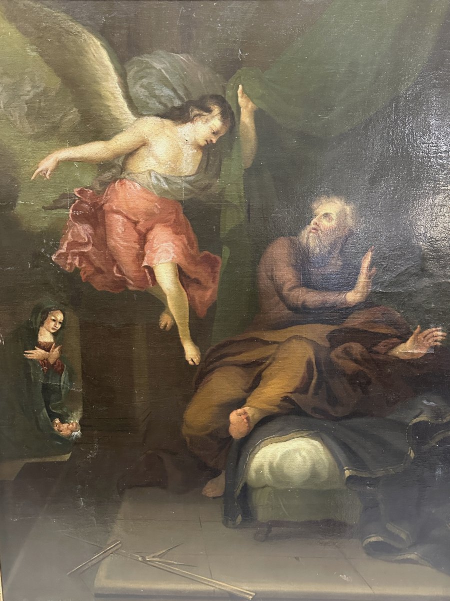 Huile sur Toile "Le Songe de Saint Joseph" École Italienne du XIXe siècle-photo-2