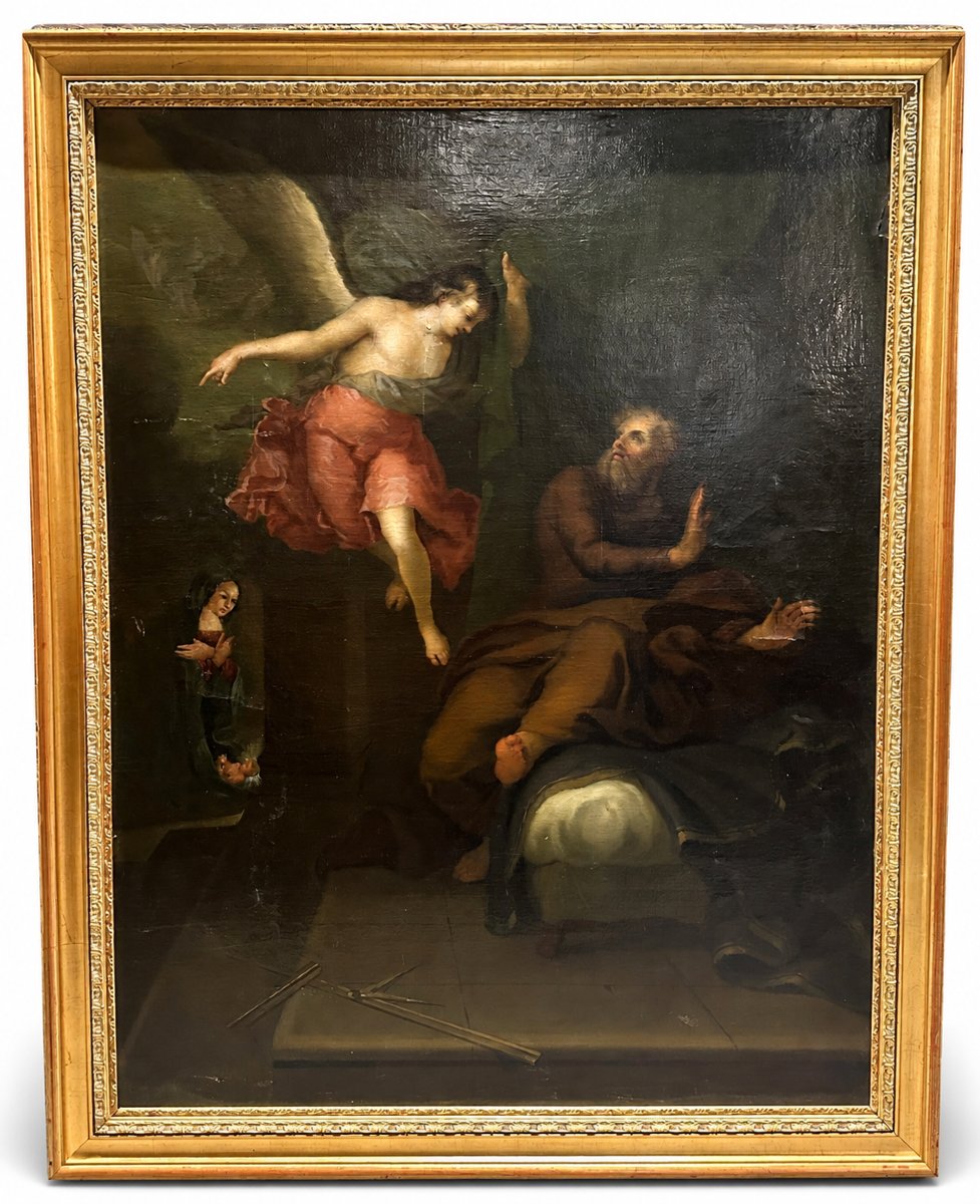Huile sur Toile "Le Songe de Saint Joseph" École Italienne du XIXe siècle