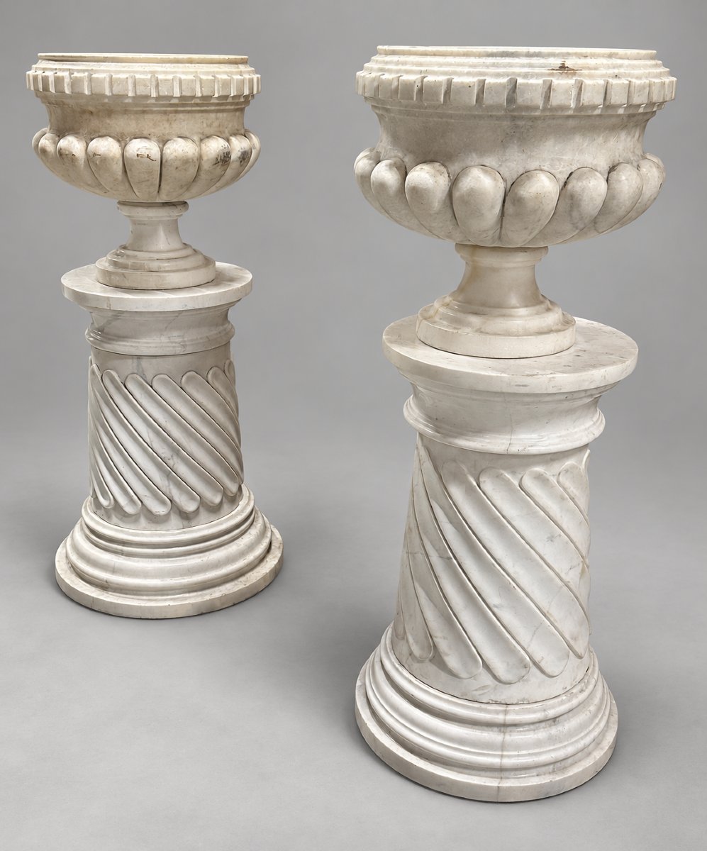 Pair Of Large Carrara Marble Basins On Pedestals, Italy, 20th Century