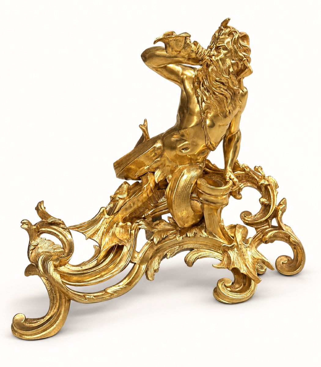 Pair Of Louis XV-style Gilded Bronze Andirons With Tritons, 19th Century-photo-3