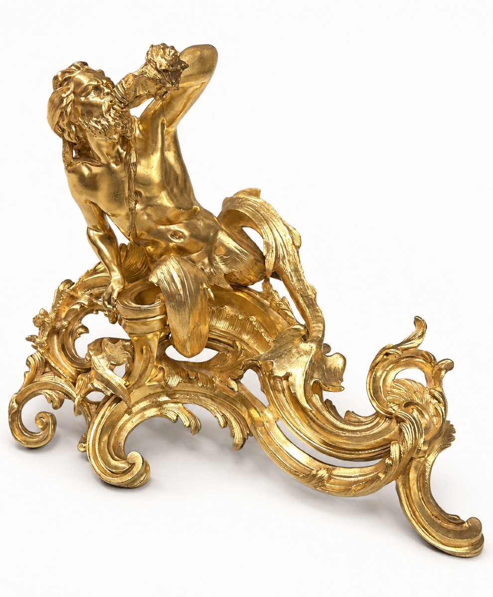 Pair Of Louis XV-style Gilded Bronze Andirons With Tritons, 19th Century-photo-4