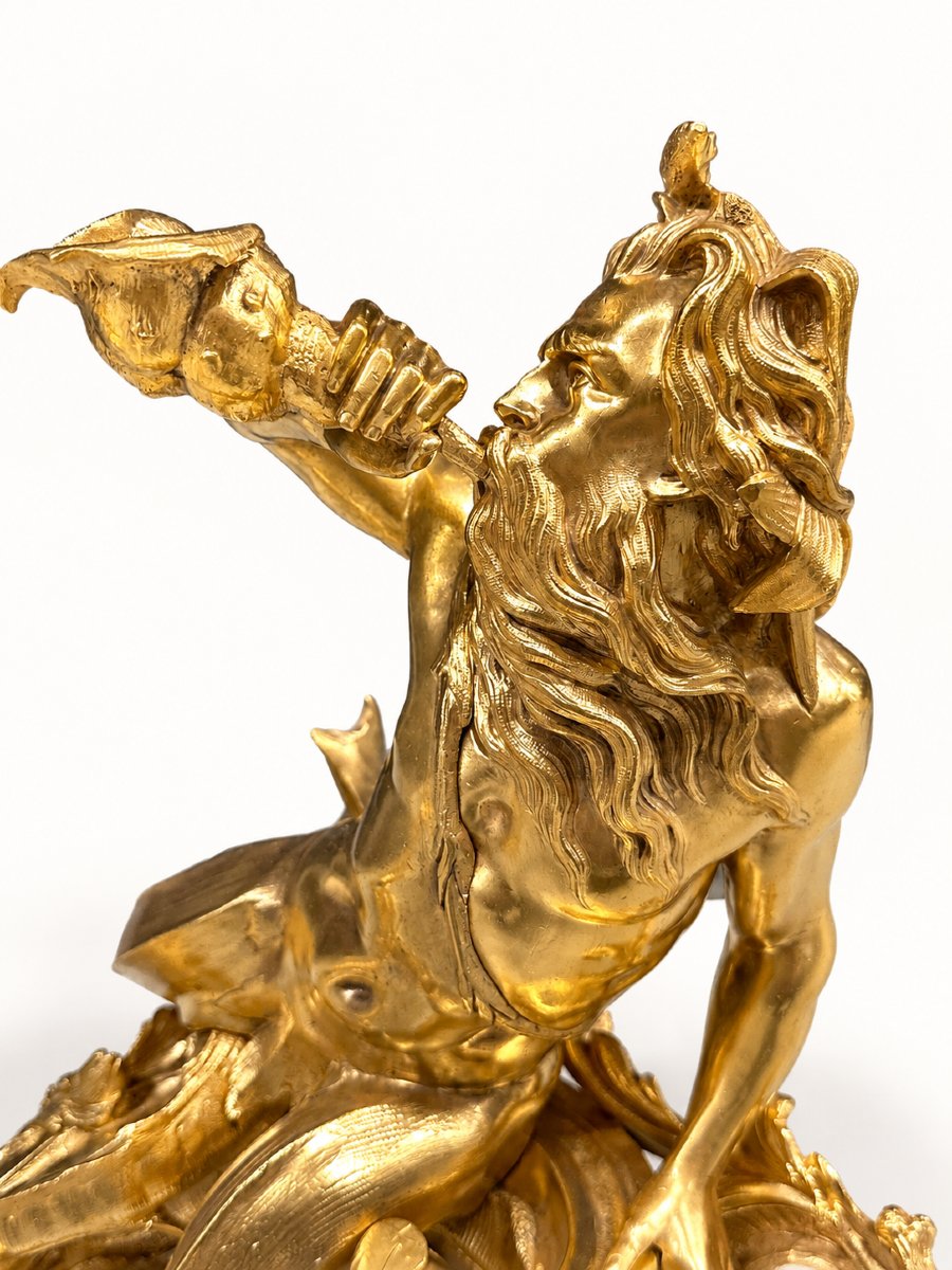 Pair Of Louis XV-style Gilded Bronze Andirons With Tritons, 19th Century-photo-2
