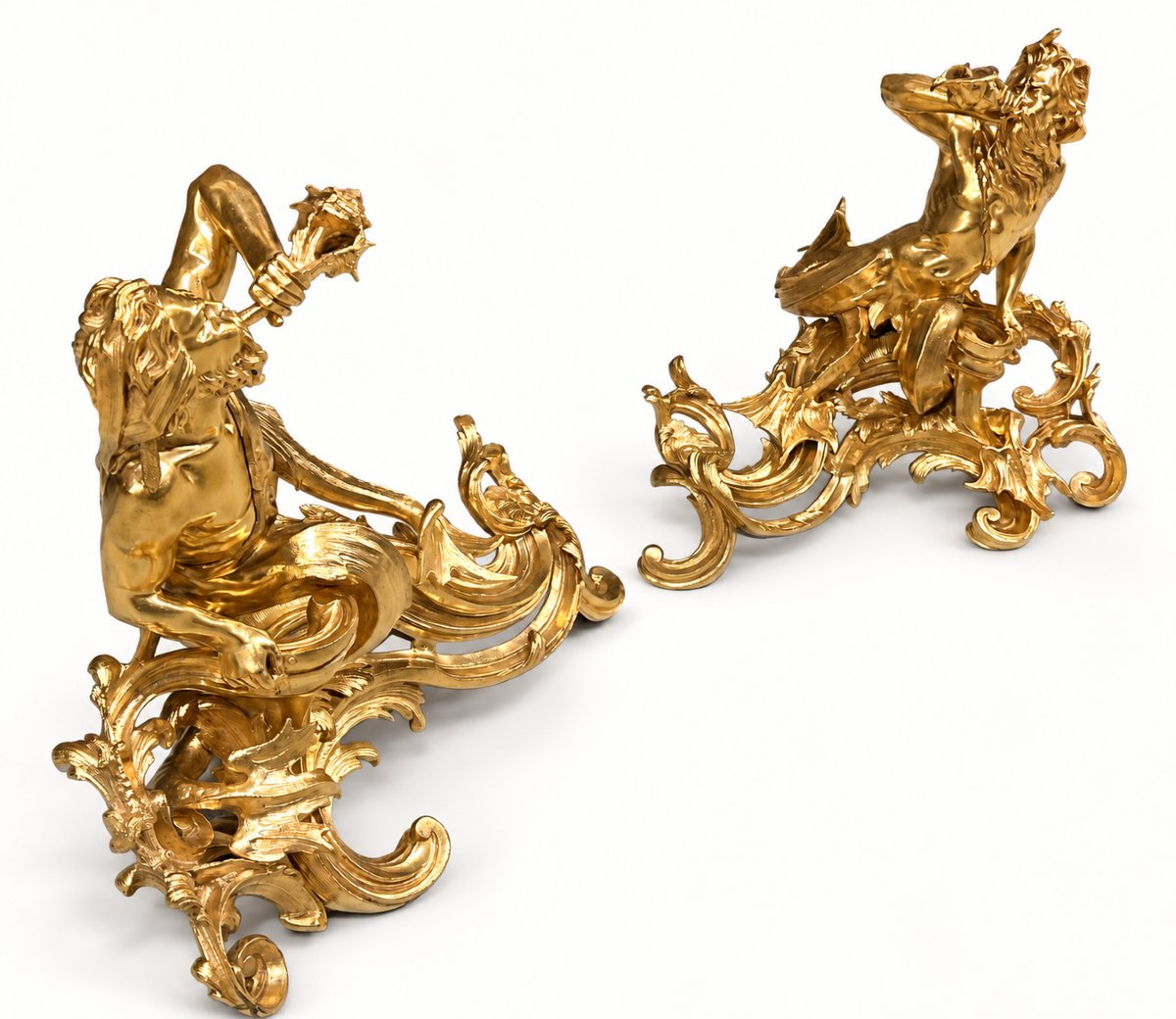 Pair Of Louis XV-style Gilded Bronze Andirons With Tritons, 19th Century-photo-4