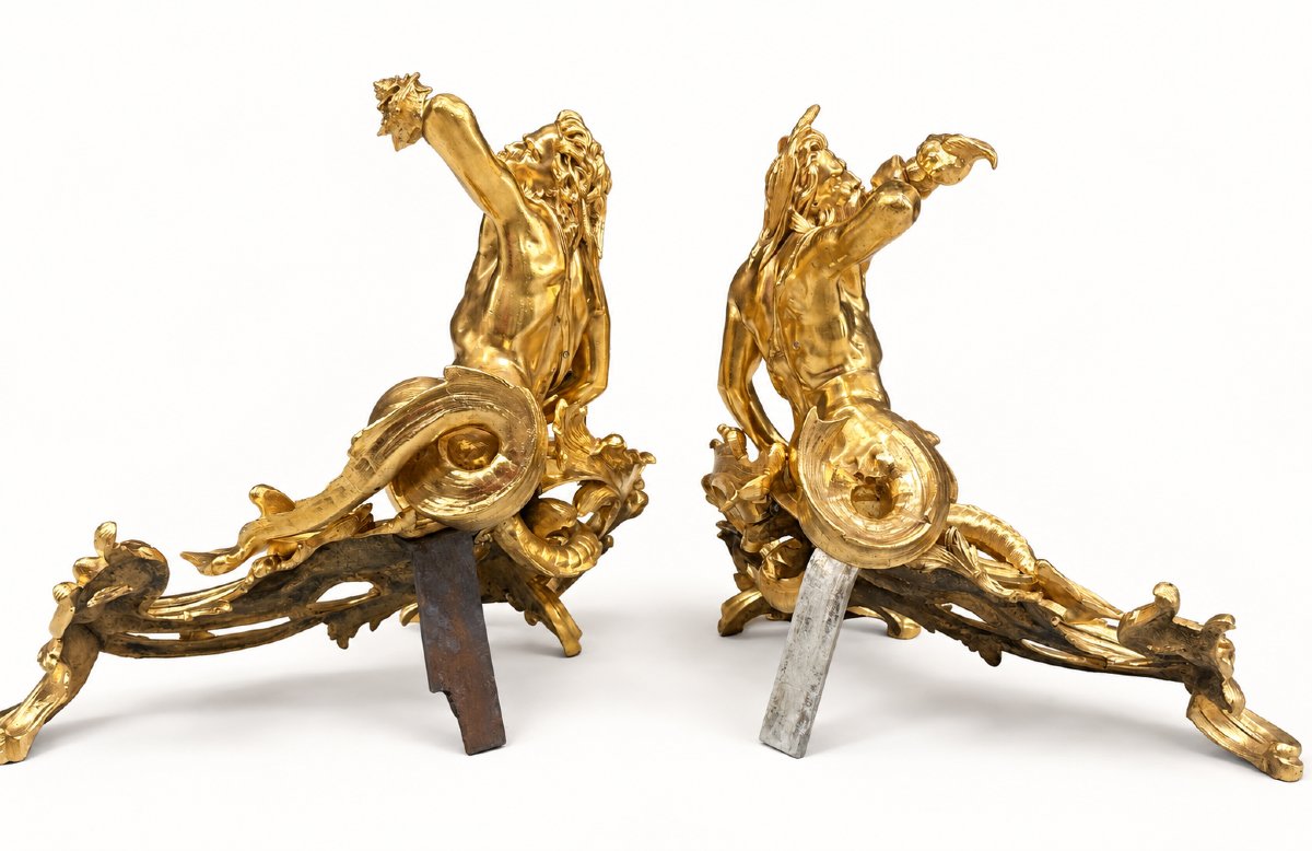 Pair Of Louis XV-style Gilded Bronze Andirons With Tritons, 19th Century-photo-6