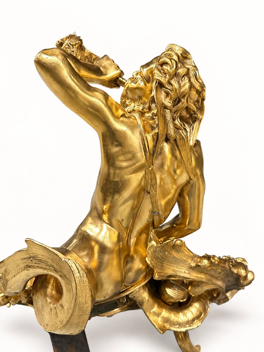 Pair Of Louis XV-style Gilded Bronze Andirons With Tritons, 19th Century-photo-7