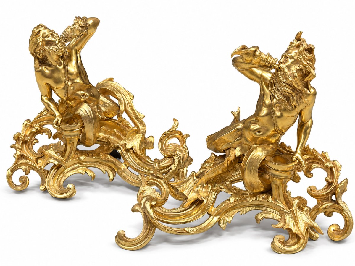 Pair Of Louis XV-style Gilded Bronze Andirons With Tritons, 19th Century