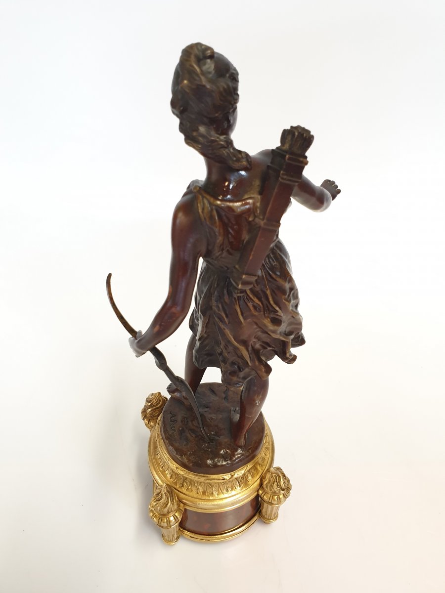 Pendulum Diane Huntress Signed A. Peene Bronze Marble 19th Century-photo-3