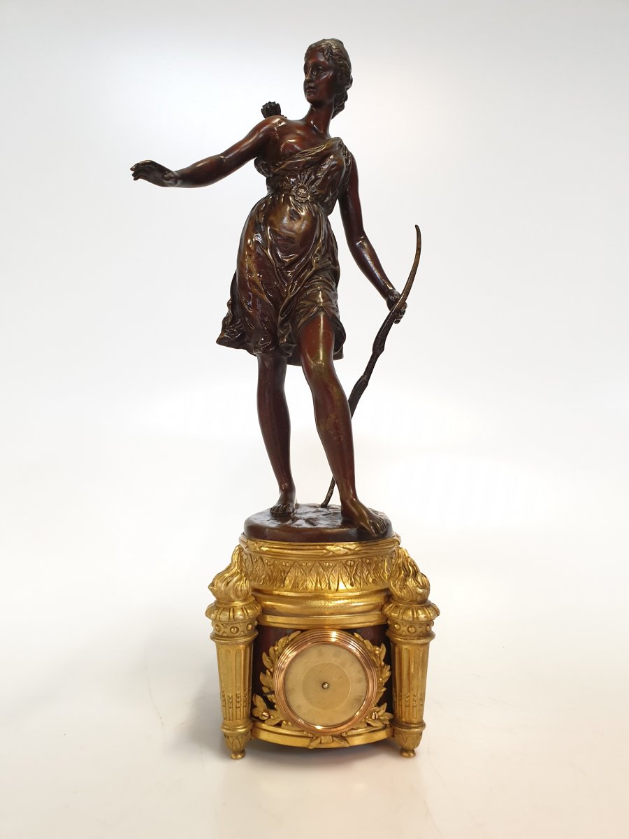 Pendulum Diane Huntress Signed A. Peene Bronze Marble 19th Century