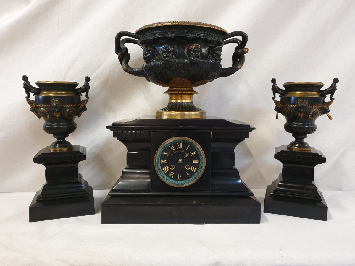 Bronze And Marble Clockset Barbedienne 19th Century