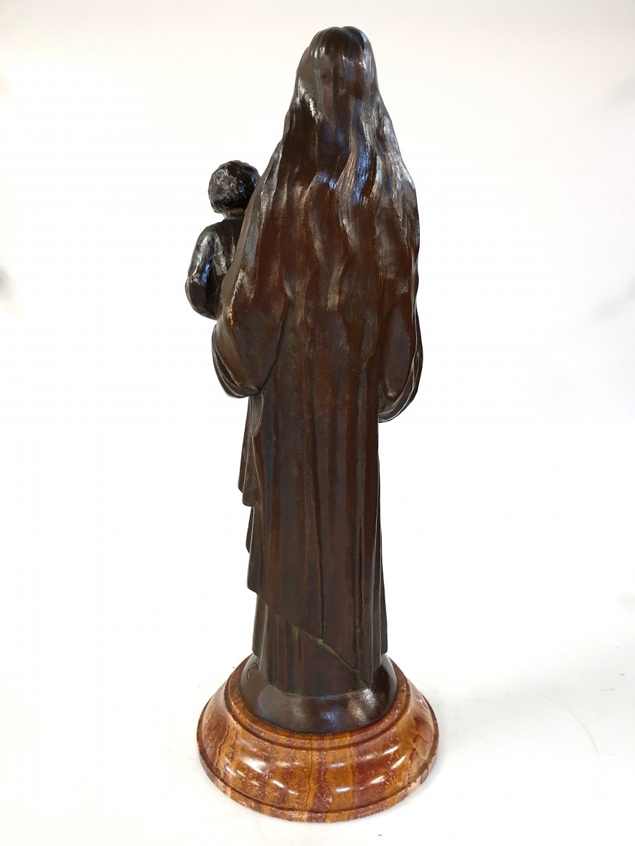 Figure En Bronze Marie Avec Jésus 65 cm Art-déco Signé-photo-3