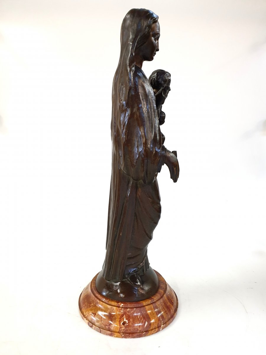 Figure En Bronze Marie Avec Jésus 65 cm Art-déco Signé-photo-4