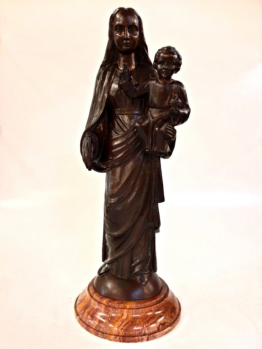 Figure En Bronze Marie Avec Jésus 65 cm Art-déco Signé