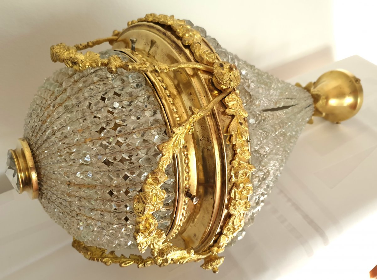 Lustre Montgolfière Ou Corbeille Bronze Et Cristal 19eme Siecle-photo-1