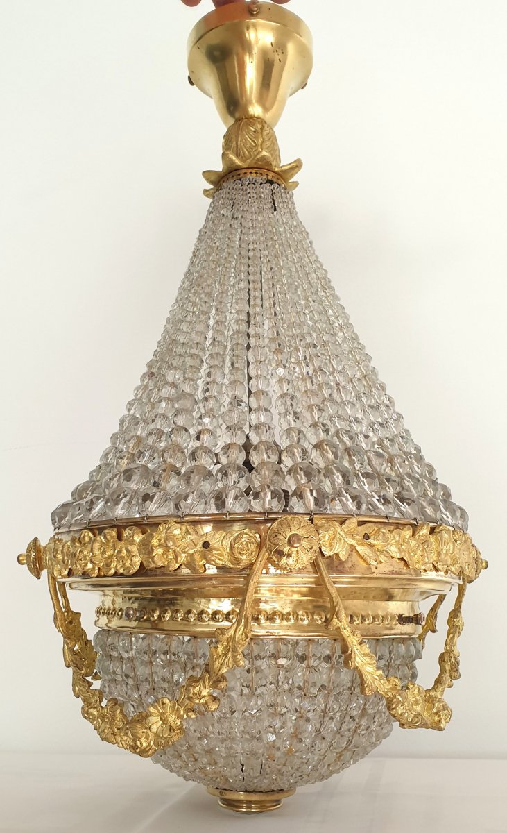 Lustre Montgolfière Ou Corbeille Bronze Et Cristal 19eme Siecle