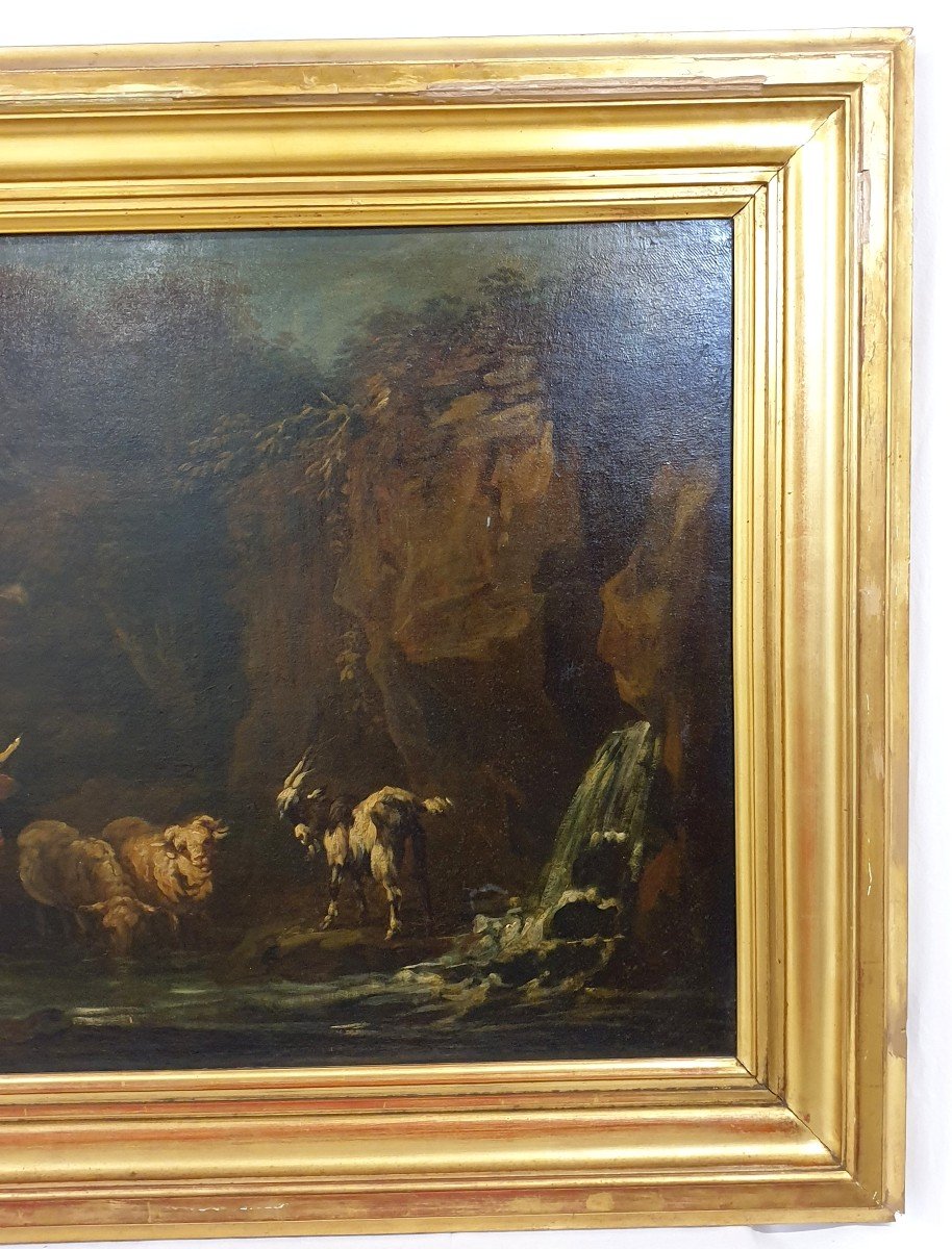 Oil Painting 78x153 Cm Cattle At A Water Point 18th Century-photo-2