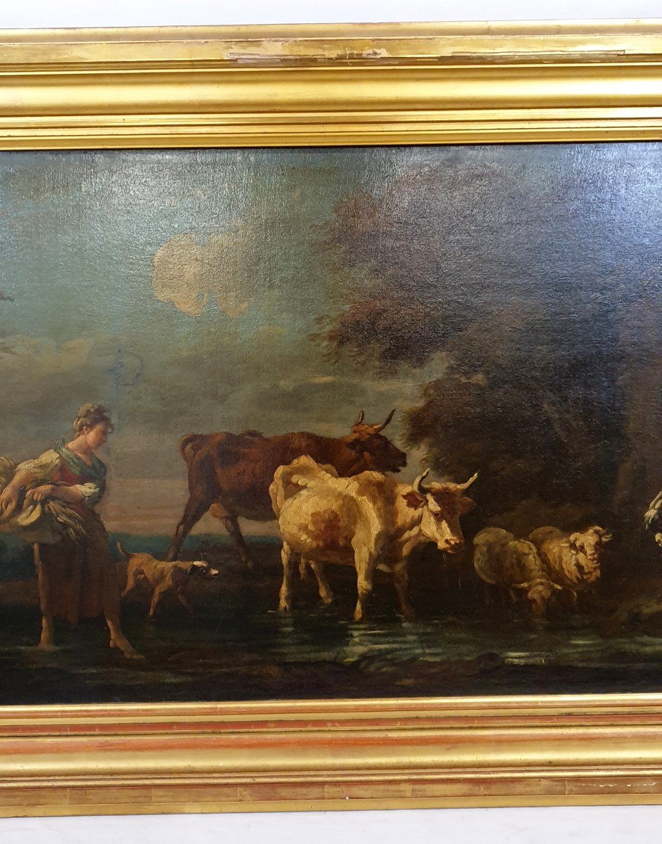 Oil Painting 78x153 Cm Cattle At A Water Point 18th Century-photo-3