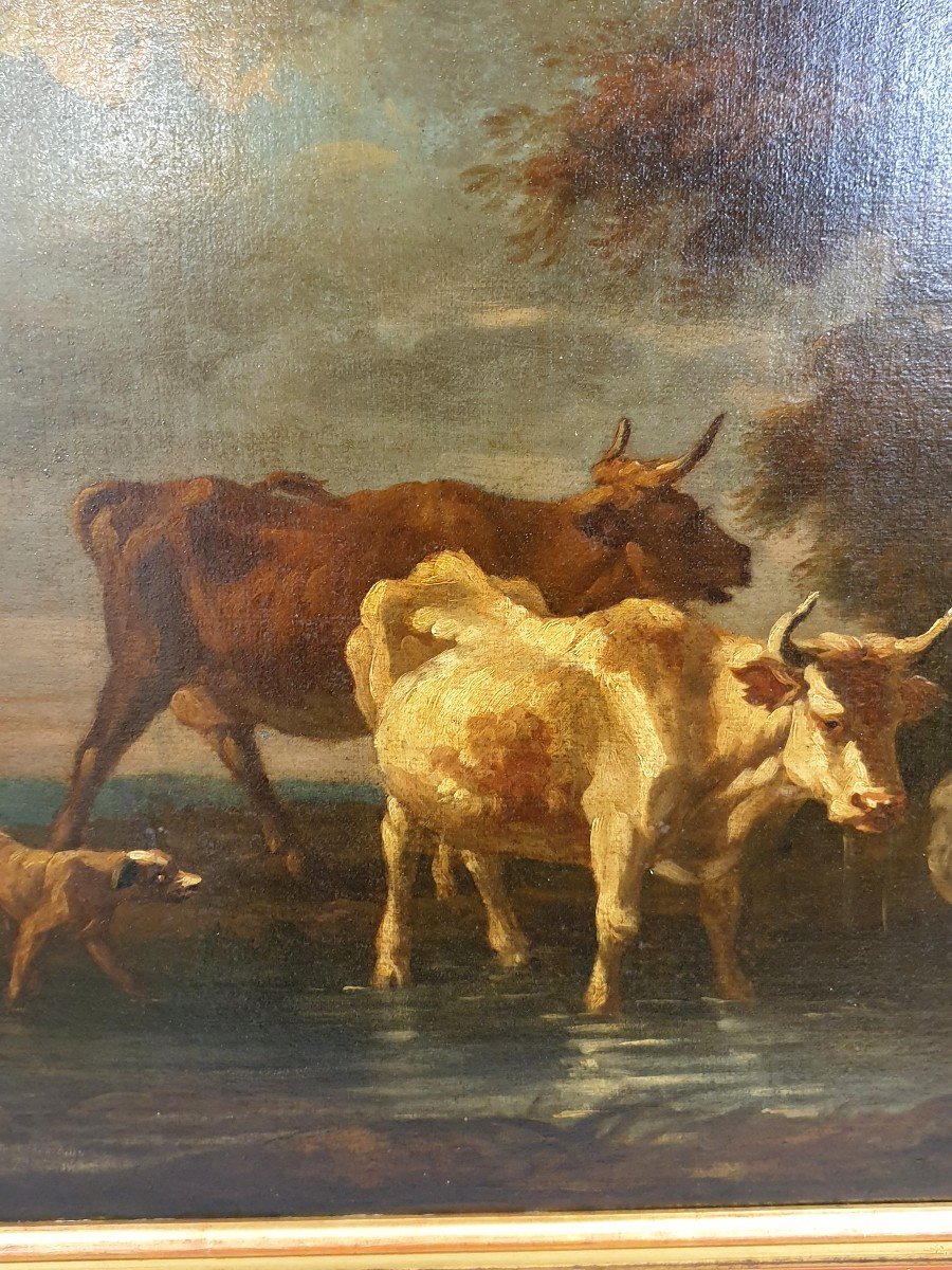 Oil Painting 78x153 Cm Cattle At A Water Point 18th Century-photo-5