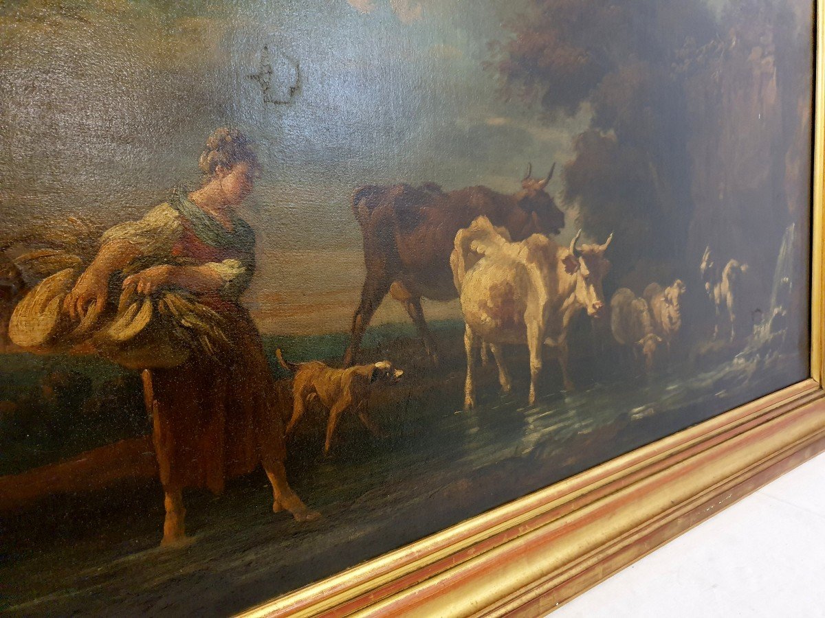 Oil Painting 78x153 Cm Cattle At A Water Point 18th Century-photo-7