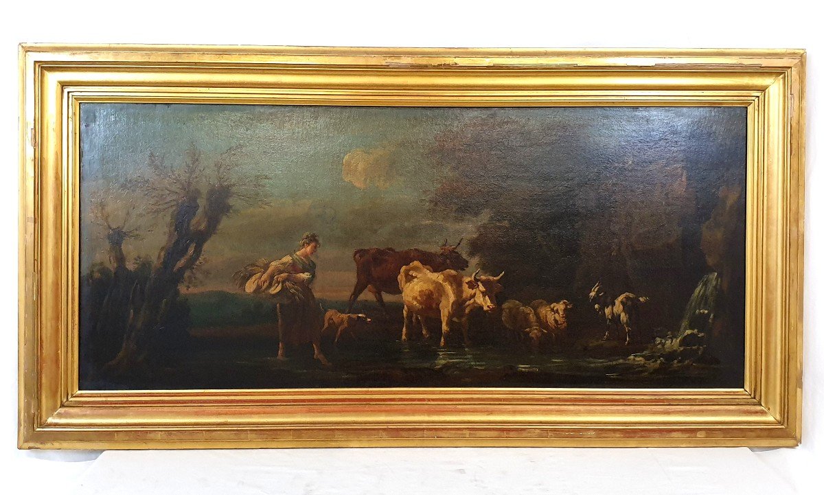 Oil Painting 78x153 Cm Cattle At A Water Point 18th Century