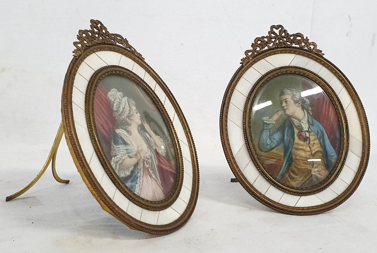 Pair Of Frames Portraits Bone Nacre 19th Century-photo-2