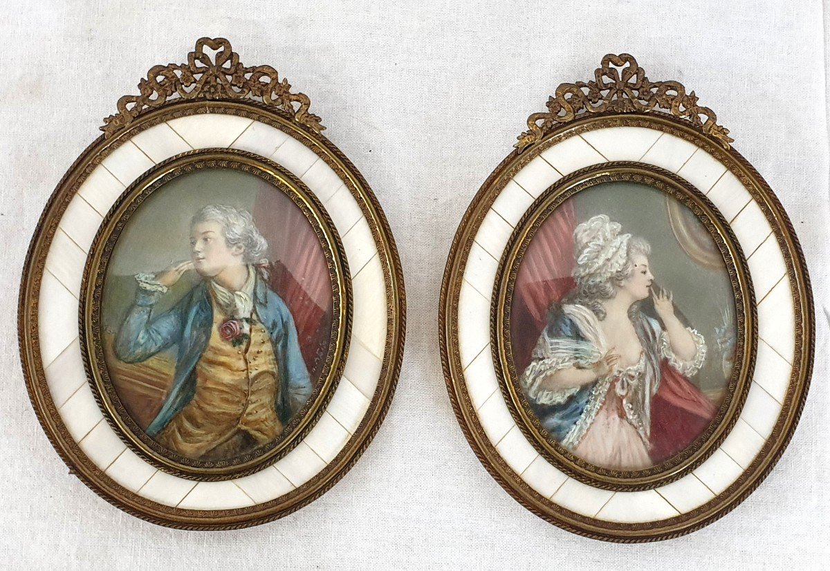 Proantic Paire De Cadres Portraits Bone Nacre 19 me Siecle