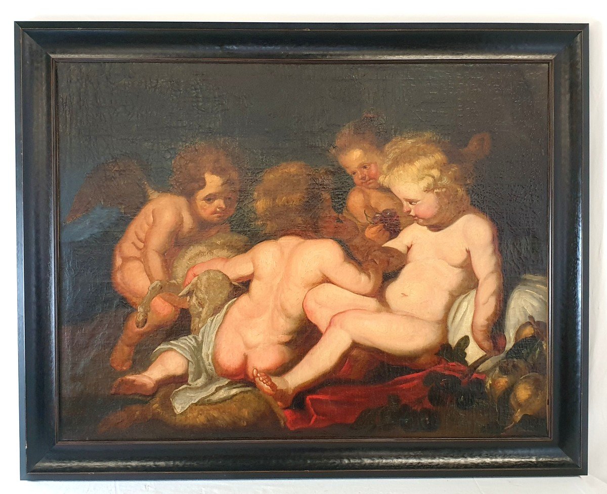 Huile Sur Toile Christ De St. Jean Et Les Anges Selon Rubens 19eme Siècle
