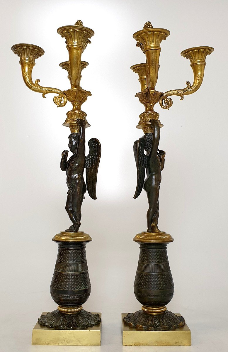 Paire de CandelabreCharles X En Putti en Bronze Patine Dore 19eme Siecle-photo-2