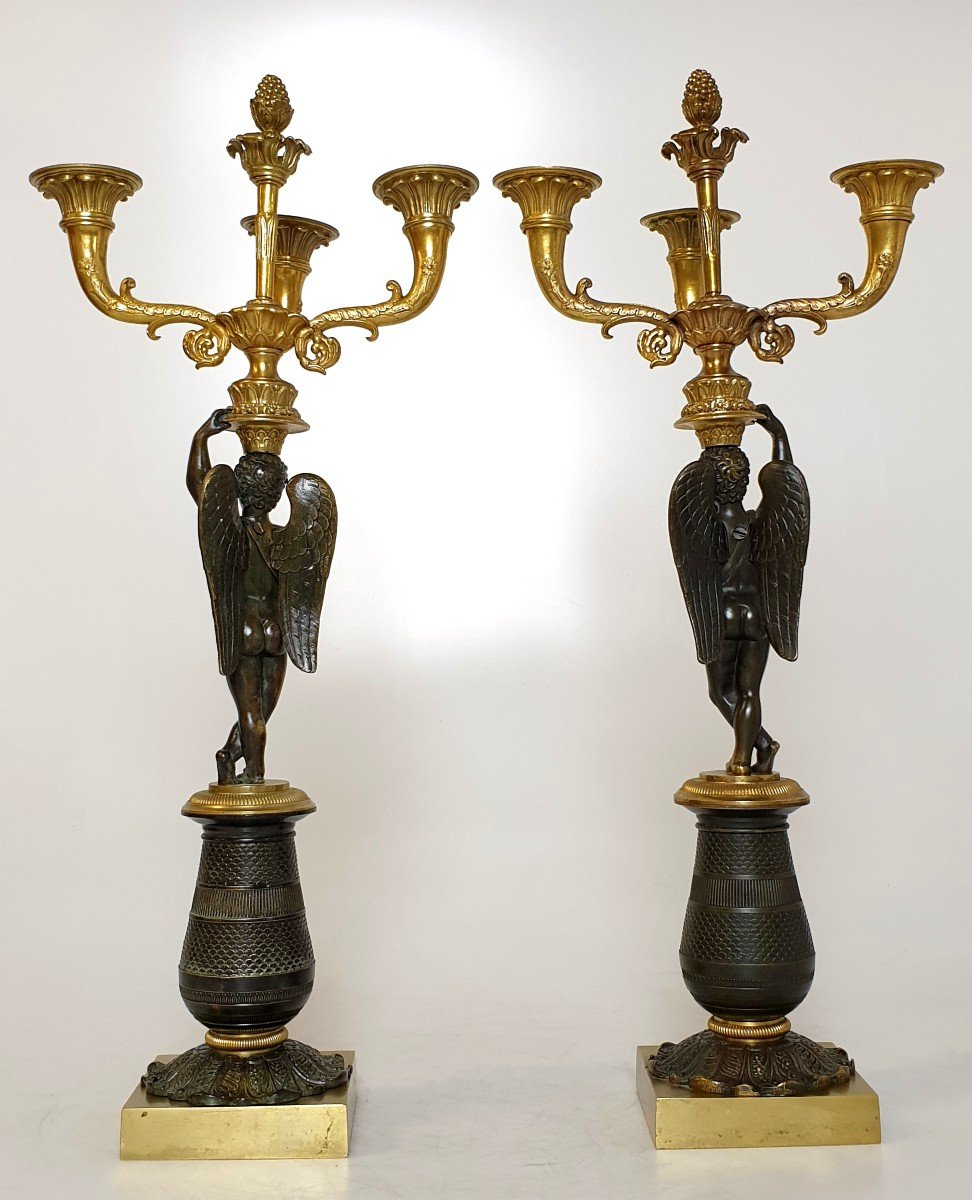 Pair Of Candelabracharles X In Putti In Bronze Patina Dore 19th Century-photo-3