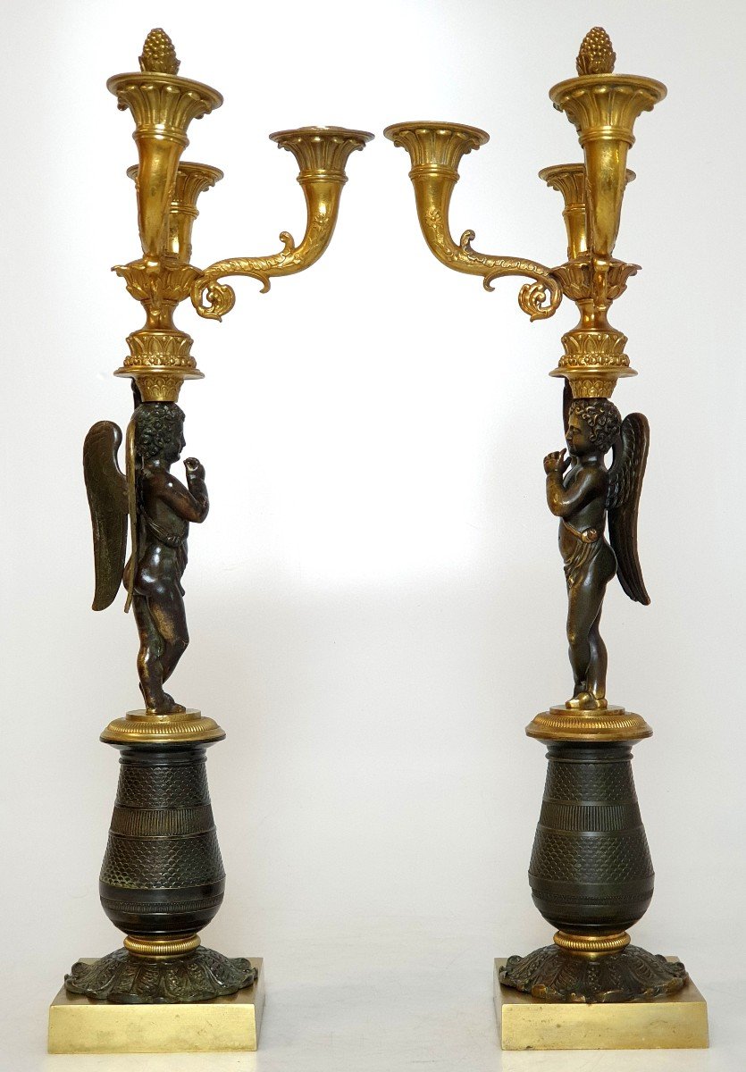 Paire de CandelabreCharles X En Putti en Bronze Patine Dore 19eme Siecle-photo-4