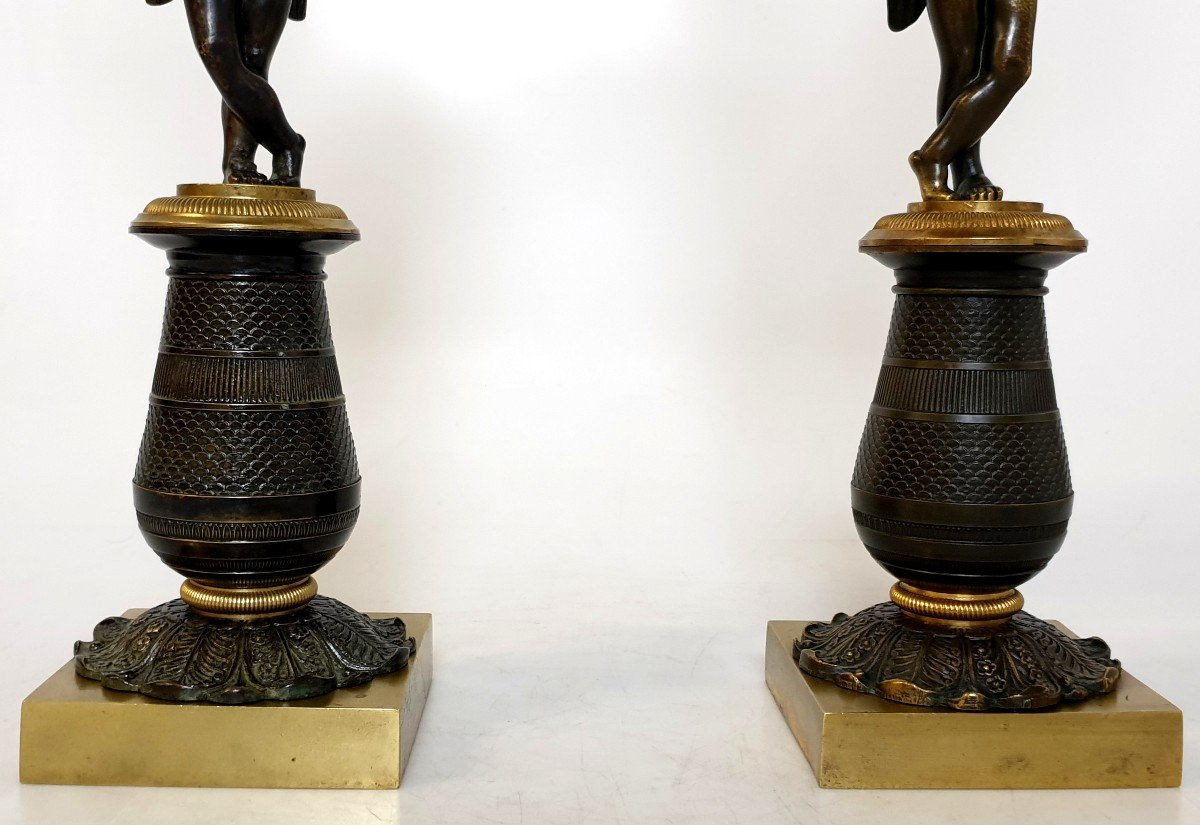Paire de CandelabreCharles X En Putti en Bronze Patine Dore 19eme Siecle-photo-1