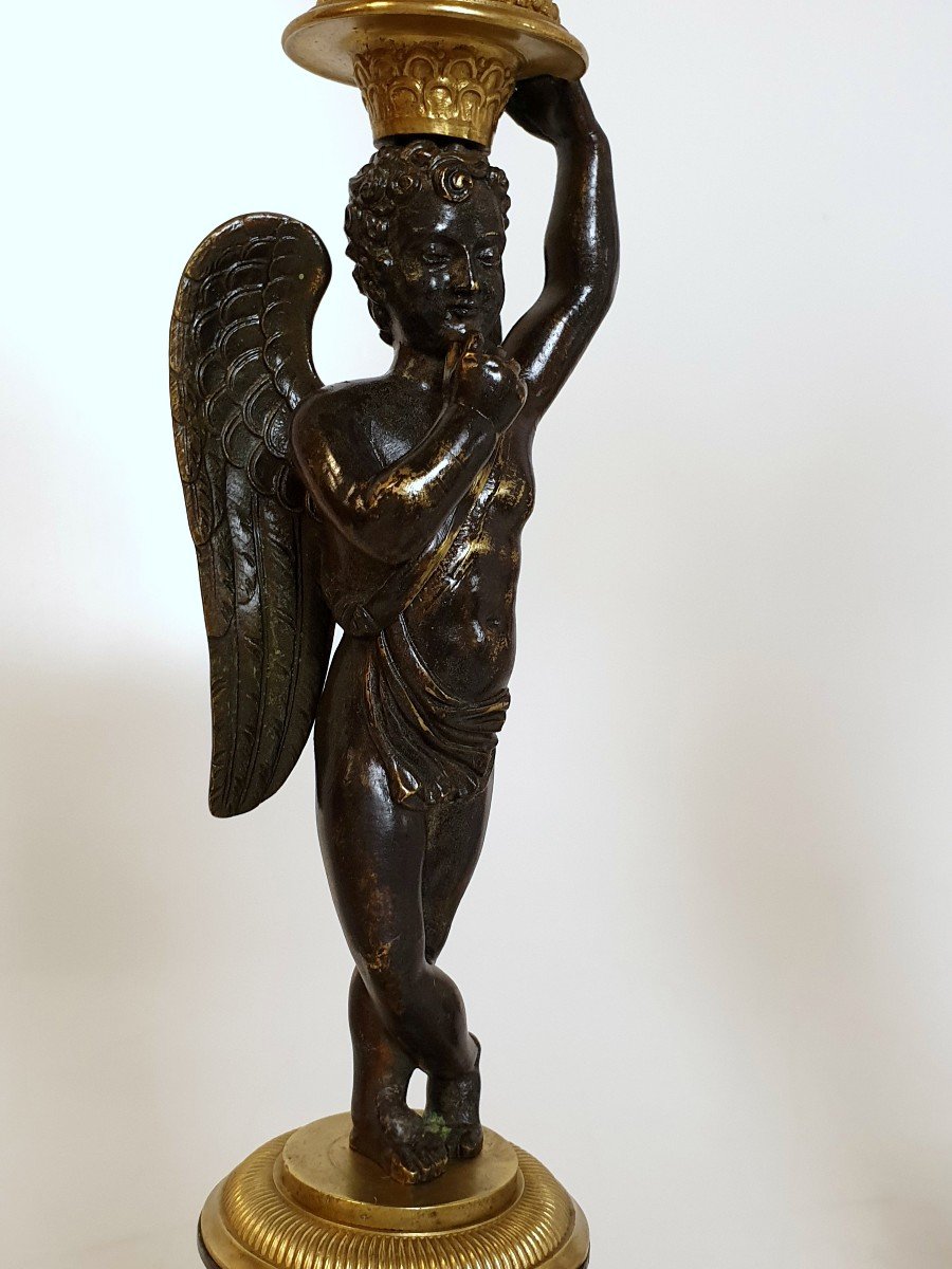 Pair Of Candelabracharles X In Putti In Bronze Patina Dore 19th Century-photo-3