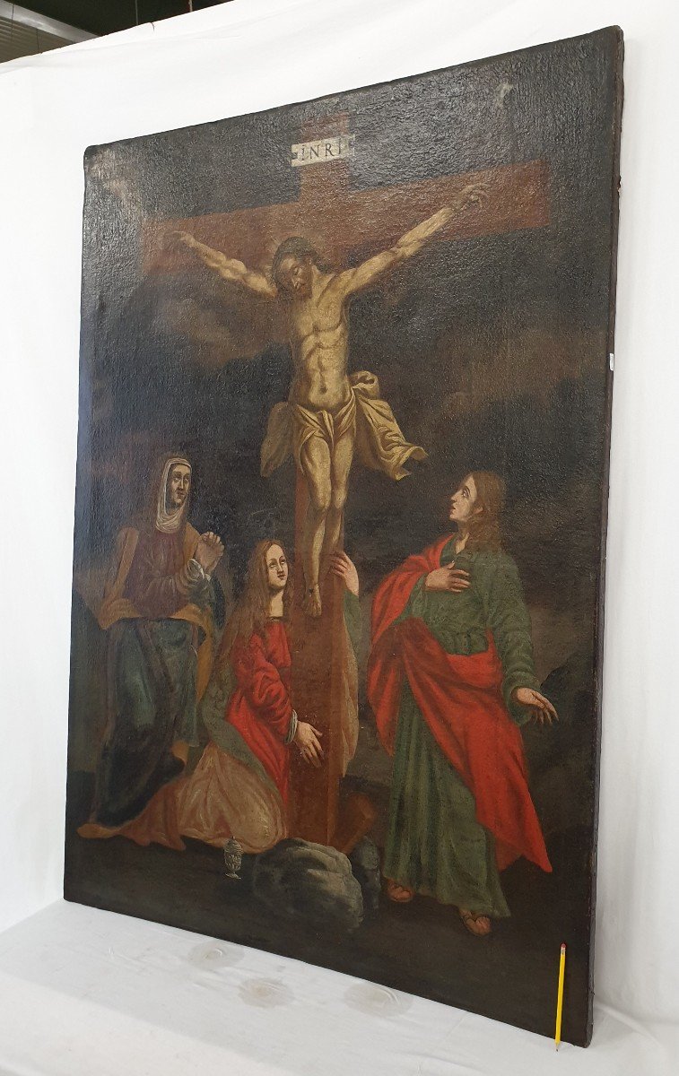 Huile Sur Toile Crucifixion Du Christ 17ème Siècle 163x118-photo-3