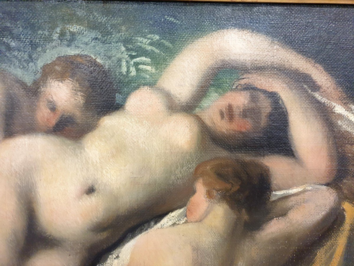 Oil On Canvas Three Nymphs J. Schonorock 96 X 115 Cm 19th Century-photo-2