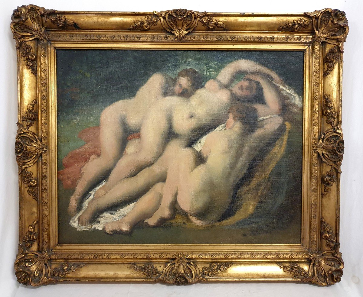 Huile Sur Toile Trois Nymphes J. Schonorock 96 X 115 Cm 19eme Siecle