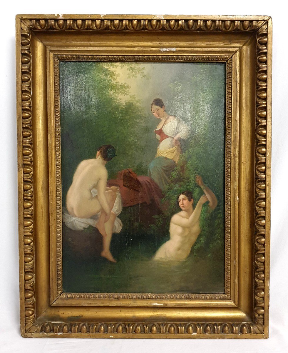 Oil On Board Swimming In The Forest 19th Century