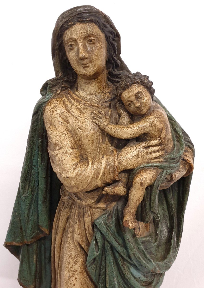 Figure Mother Of God With Child 18th Century Polychrome-photo-2