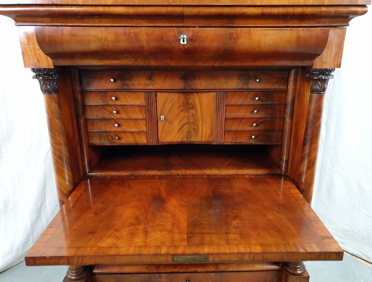 Secretary Of Biedermeier Mahogany On Columns From The Nineteenth Century-photo-3