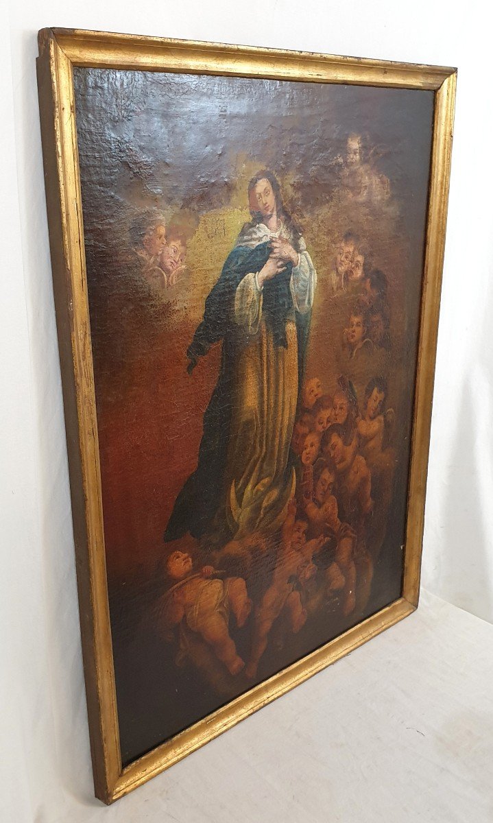 Huile Sur Toile Madonna Immaculata Avec Puttis 18eme Siecle 107x82 Cm-photo-2