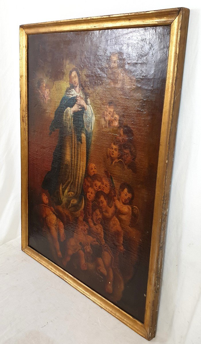 Huile Sur Toile Madonna Immaculata Avec Puttis 18eme Siecle 107x82 Cm-photo-3