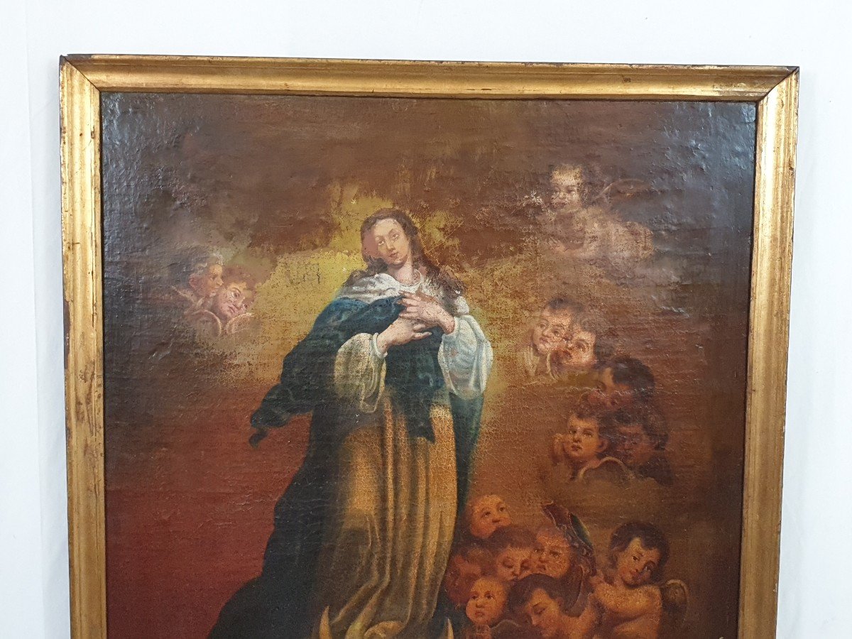 Huile Sur Toile Madonna Immaculata Avec Puttis 18eme Siecle 107x82 Cm-photo-1