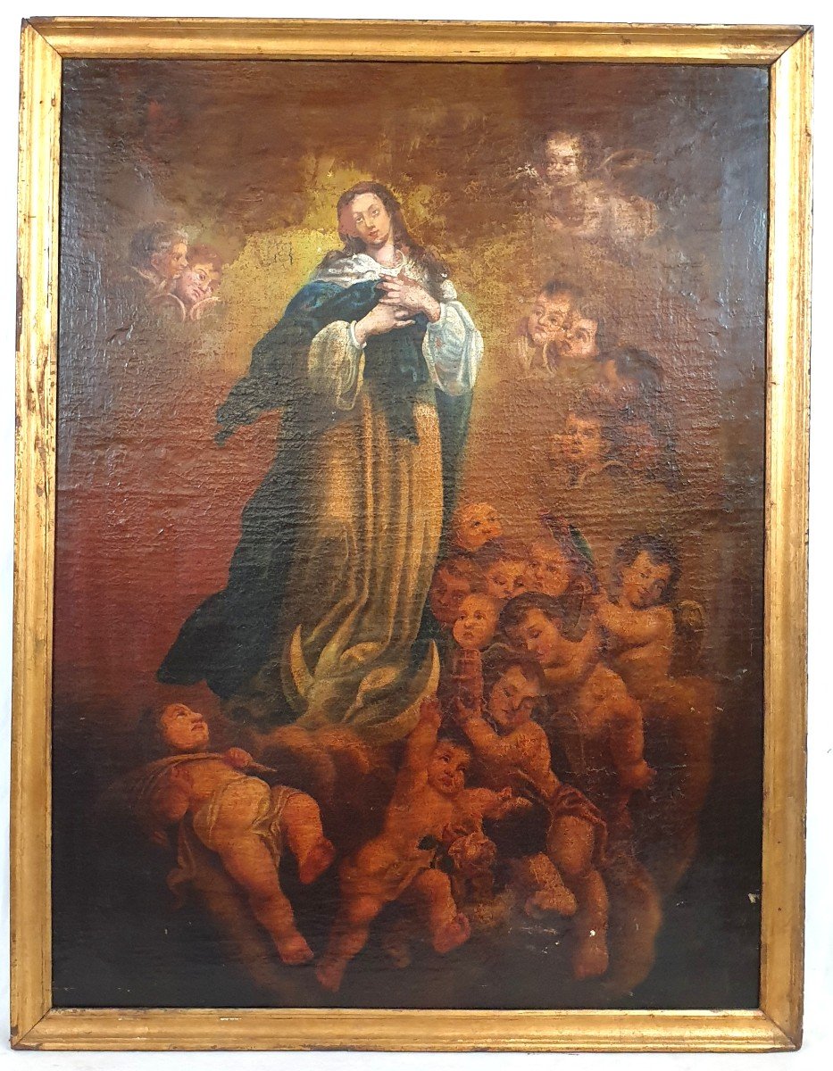 Huile Sur Toile Madonna Immaculata Avec Puttis 18eme Siecle 107x82 Cm