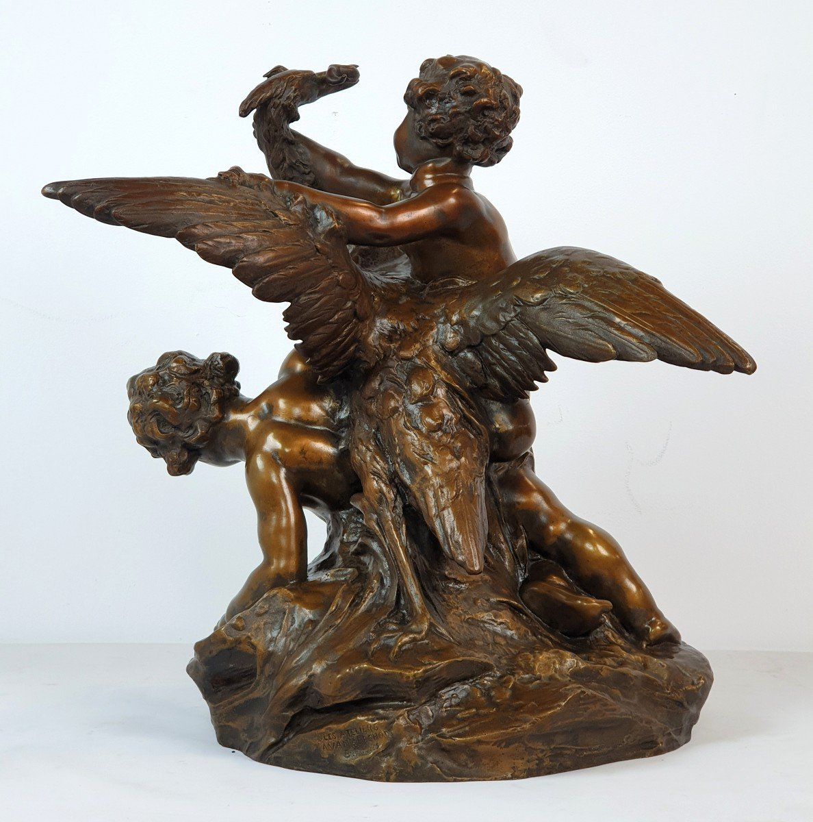 Figure En Bronze Cupidons Avec Héron Signed 19eme Siecle-photo-3