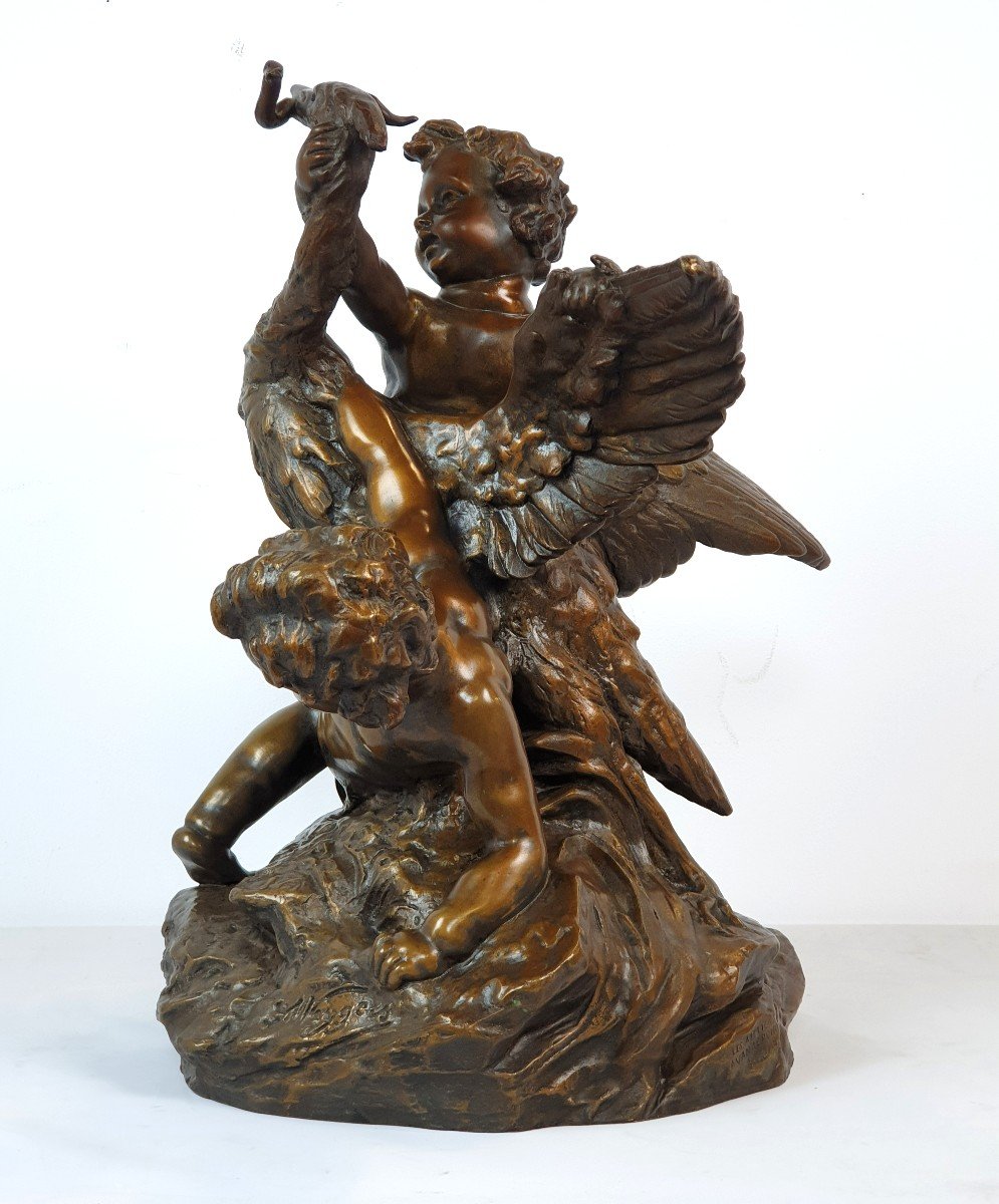Figure En Bronze Cupidons Avec Héron Signed 19eme Siecle-photo-4