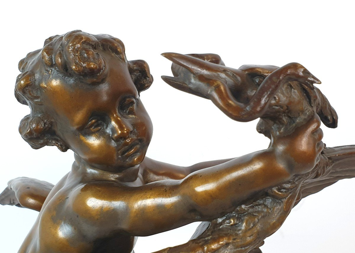 Figure En Bronze Cupidons Avec Héron Signed 19eme Siecle-photo-3