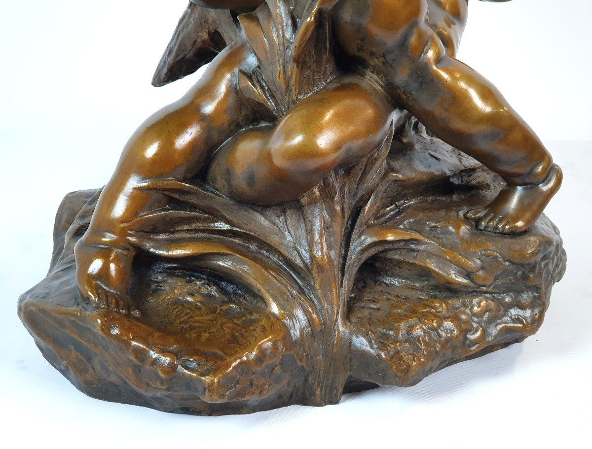 Figure En Bronze Cupidons Avec Héron Signed 19eme Siecle-photo-5