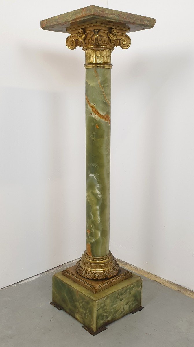 Colonne En Onyx Vert Bronze Dore 19eme Siecle